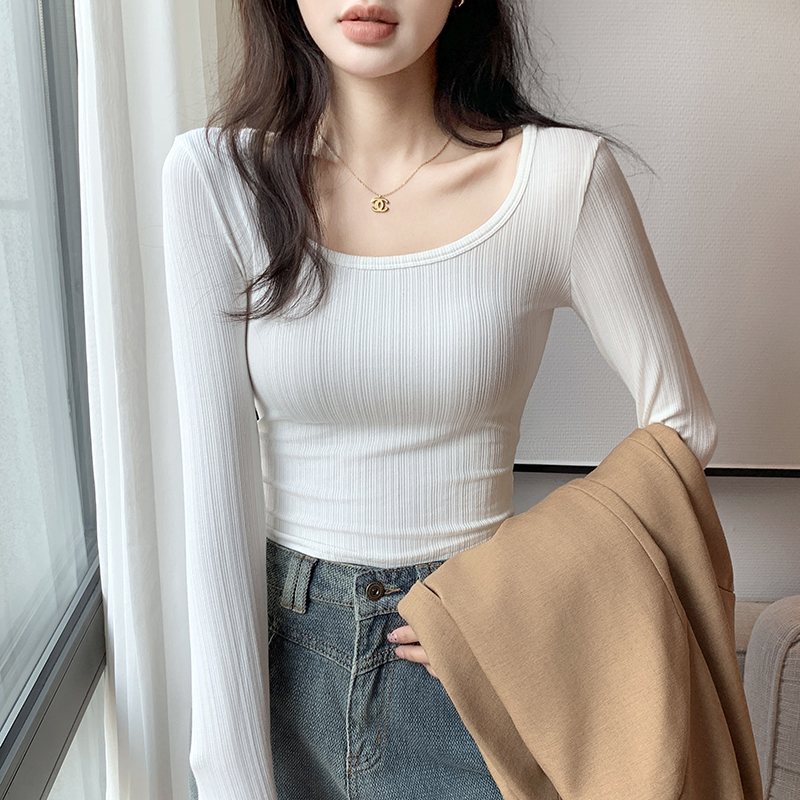 白Tシャツ レディース リブ編み長袖ラウンドネック