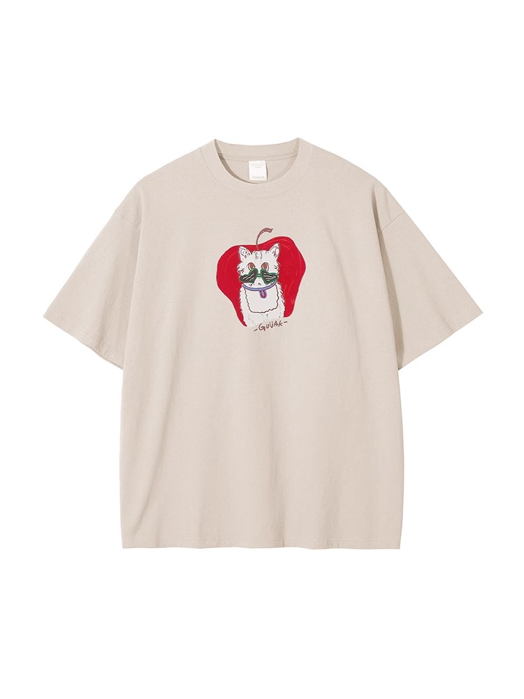 白Tシャツ メンズ 猫と林檎イラスト入りゆったり半袖