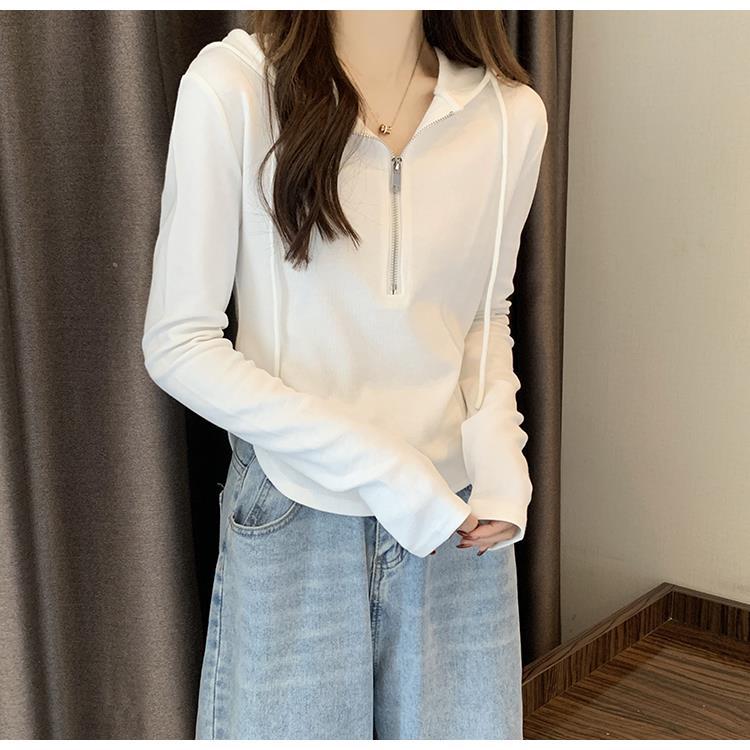 白Tシャツレディース ジップアップフード付き長袖カットソー