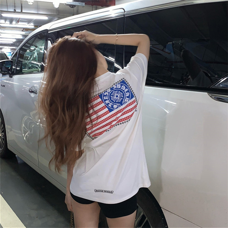 白Tシャツ 星条旗バックプリントゆったり半袖丸首カットソー