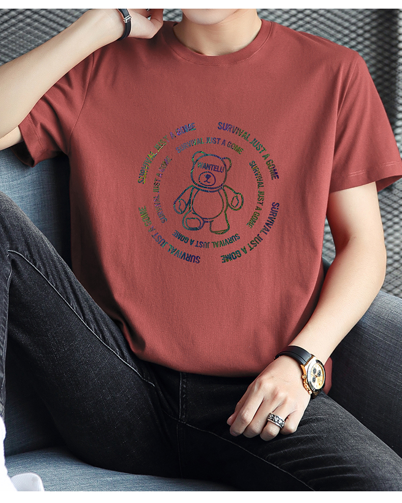 白Tシャツ メンズ くまさん円形刺繍カジュアル半袖