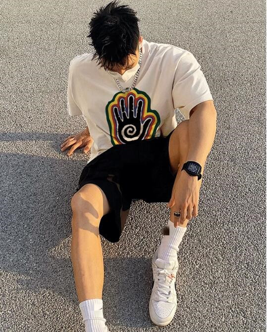 白Tシャツ 夏メンズ半袖白地手の平プリント半袖綿素材
