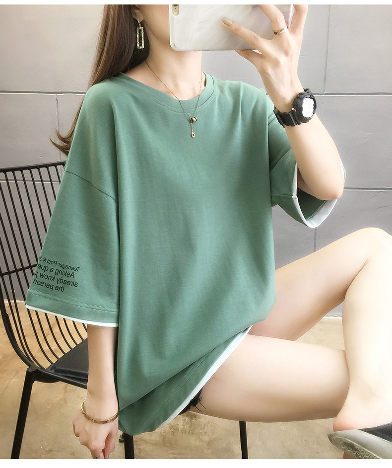 白Tシャツ 袖配色ラインゆったりクルーネック半袖トップス