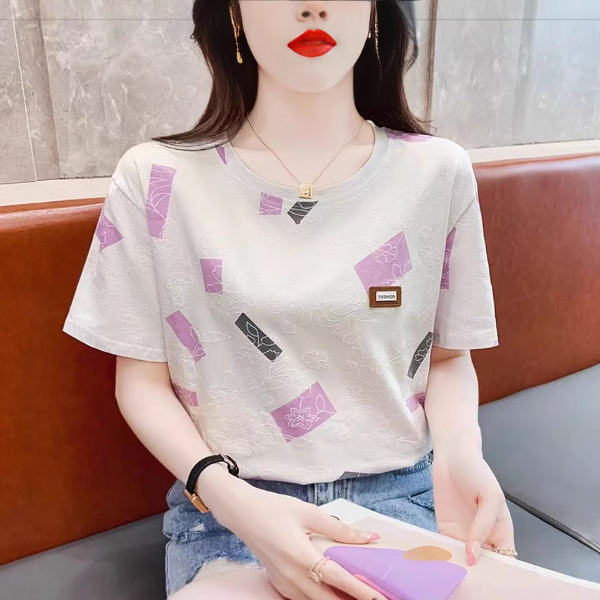 白Tシャツ レディース 幾何学模様の刺繍入り丸首半袖