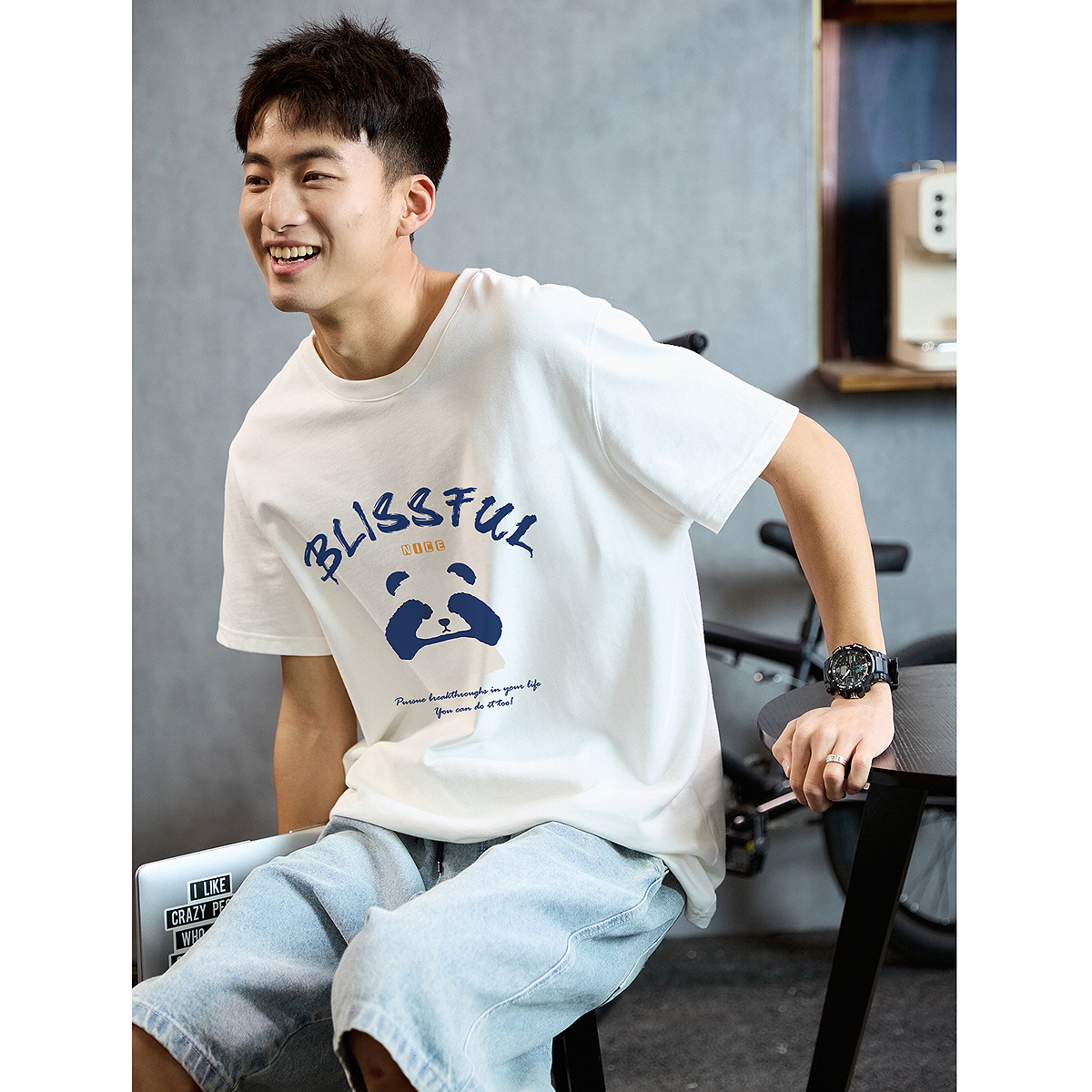 白Tシャツ メンズ 幸せパンダ イラスト半袖シャツ