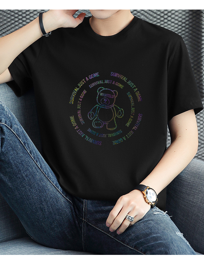 白Tシャツ メンズ くまさん円形刺繍カジュアル半袖