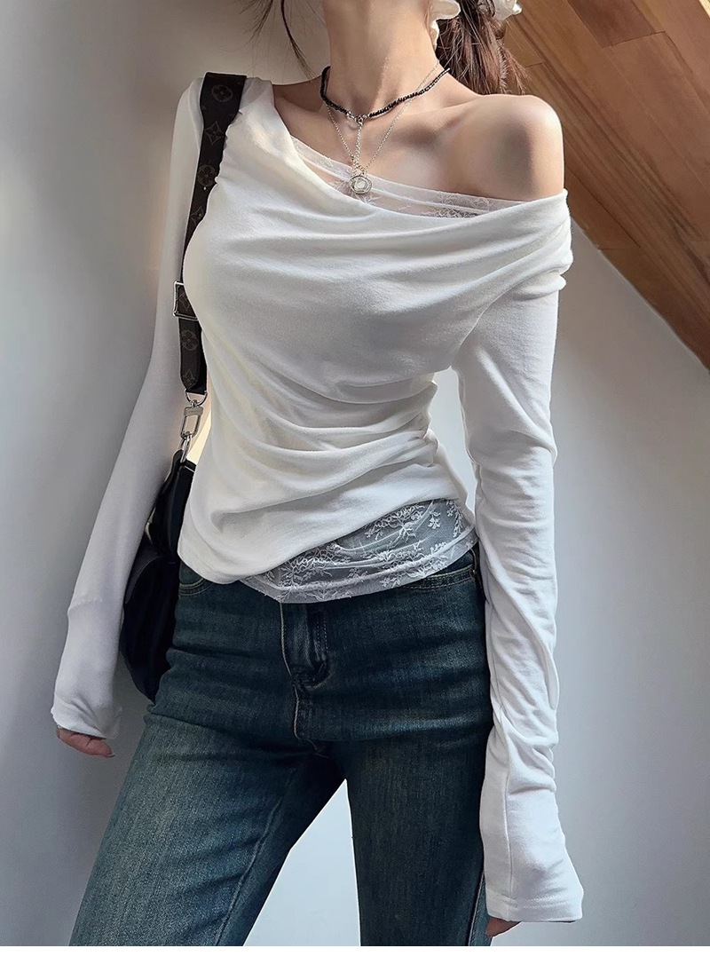 白Tシャツ レディース レース切替オフショルダー長袖トップス