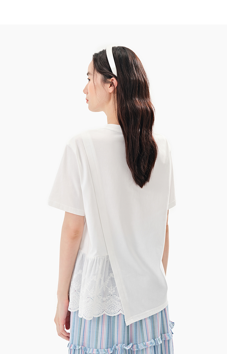 白Tシャツ レース裾切替え雲柄デザインシャツ