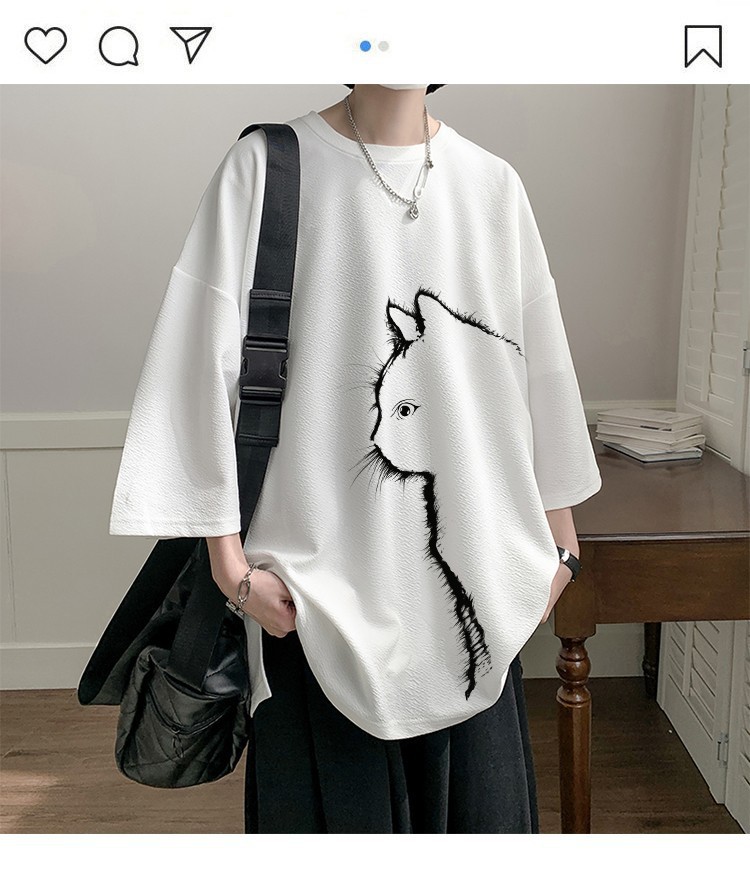 白Tシャツメンズ 猫イラスト刺繍ゆったり五分袖シャツ