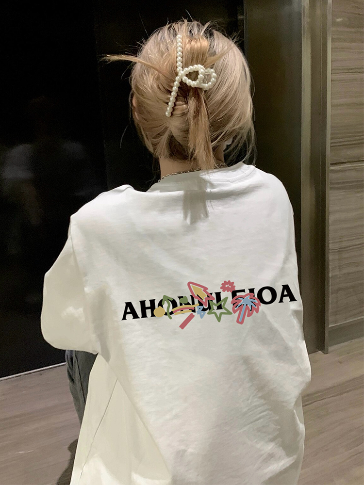 白Tシャツ レディース 南国花模様プリント半袖シャツ