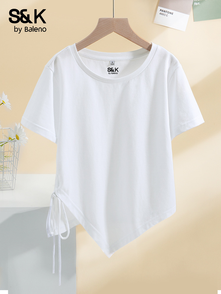 白Tシャツ サイドリボン 非対称裾デザイン Tシャツ