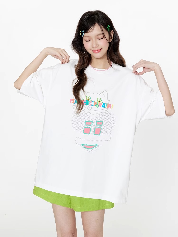 白Tシャツ レディース ゆるキャラ風イラスト半袖カットソー