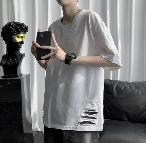 白Tシャツ メンズ白半袖ダメージ加工クルーネック半袖