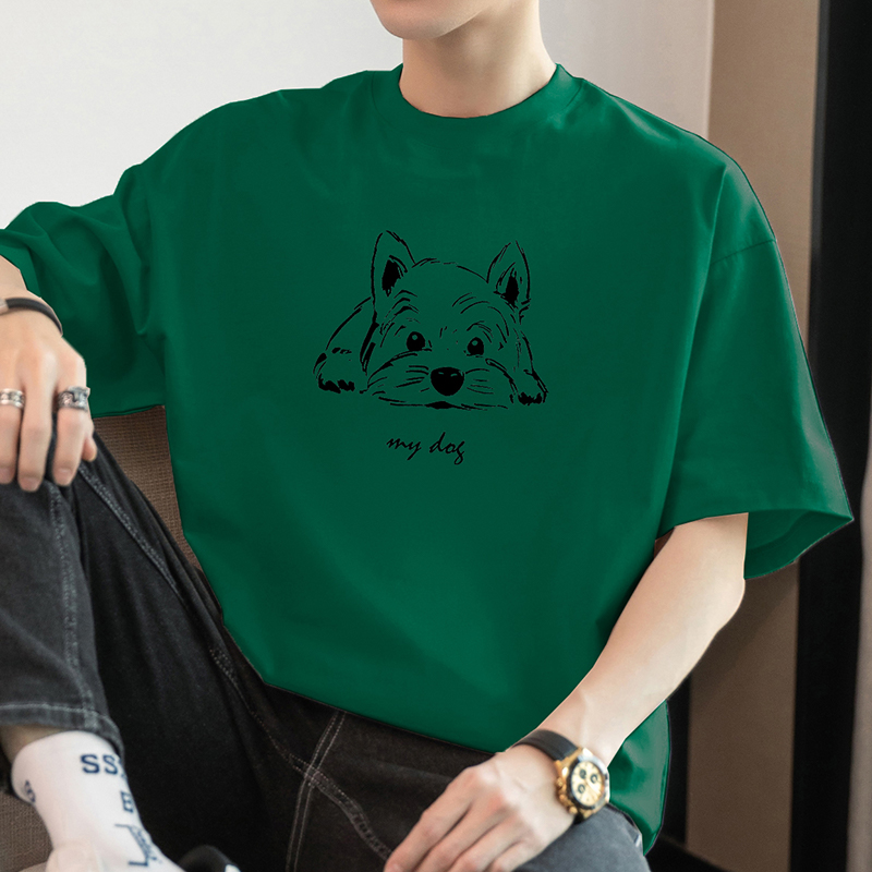 白Tシャツ メンズ 愛犬イラスト ゆったり半袖