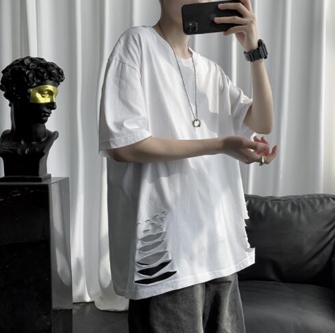 白Tシャツ メンズ白半袖ダメージ加工クルーネック半袖