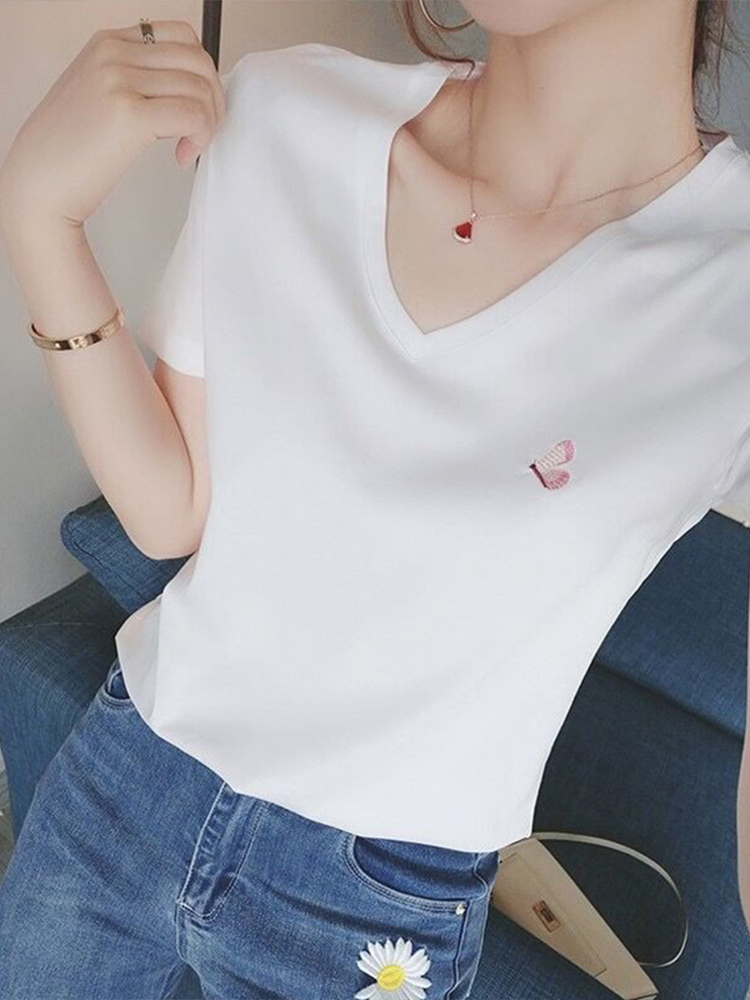 白Tシャツ レディース 優しい羽刺繍入りVネック半袖