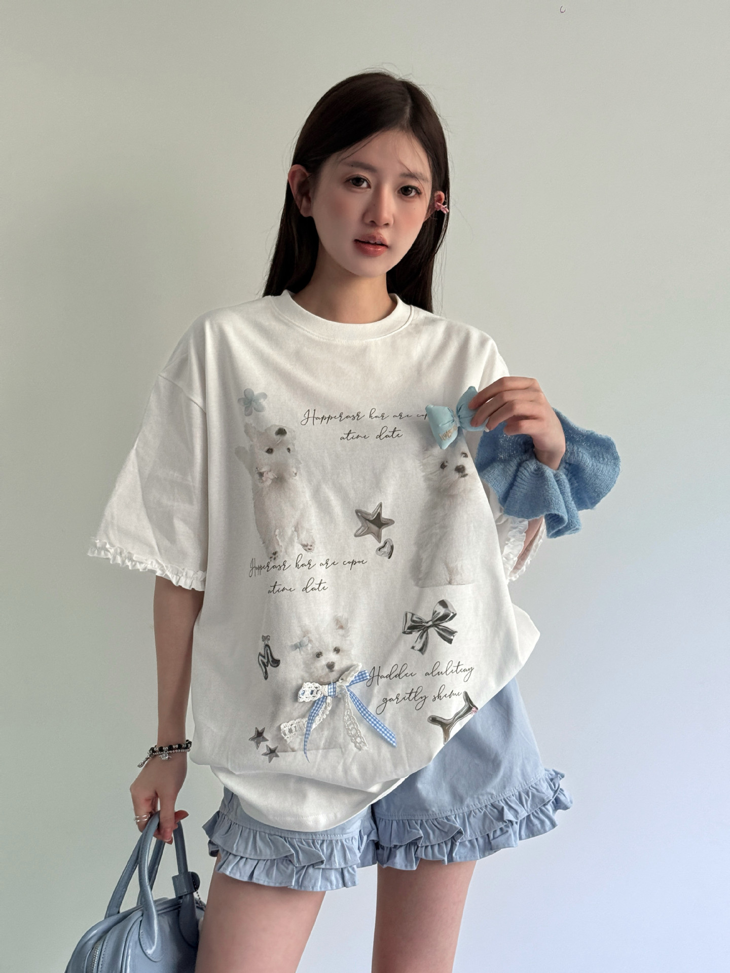 白Tシャツ レディース フリル袖子犬プリント半袖シャツ