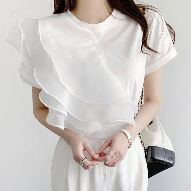 白Tシャツ レディース半袖丸襟フリルブラウス