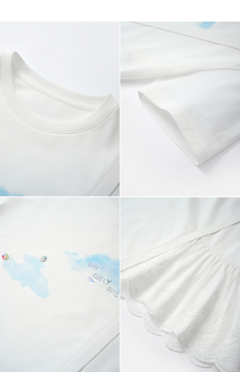 白Tシャツ レース裾切替え雲柄デザインシャツ