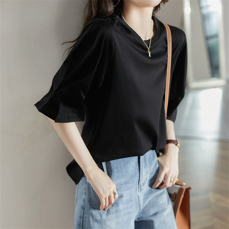 白Tシャツ ゆったりパフスリーブ丸首半袖白シャツ