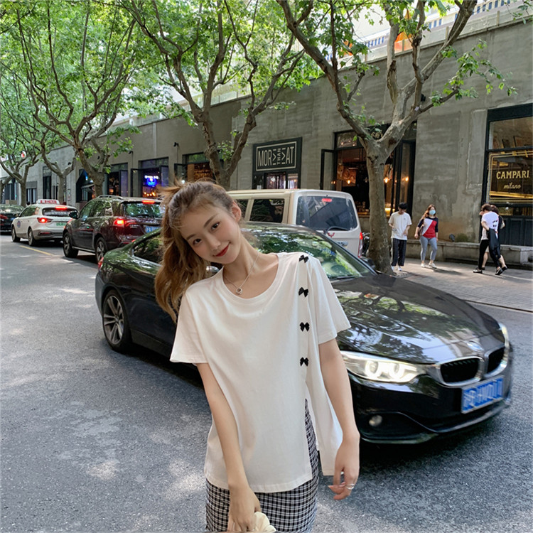 白Tシャツ 蝶結び装飾スリット入り半袖白色ティーシャツ