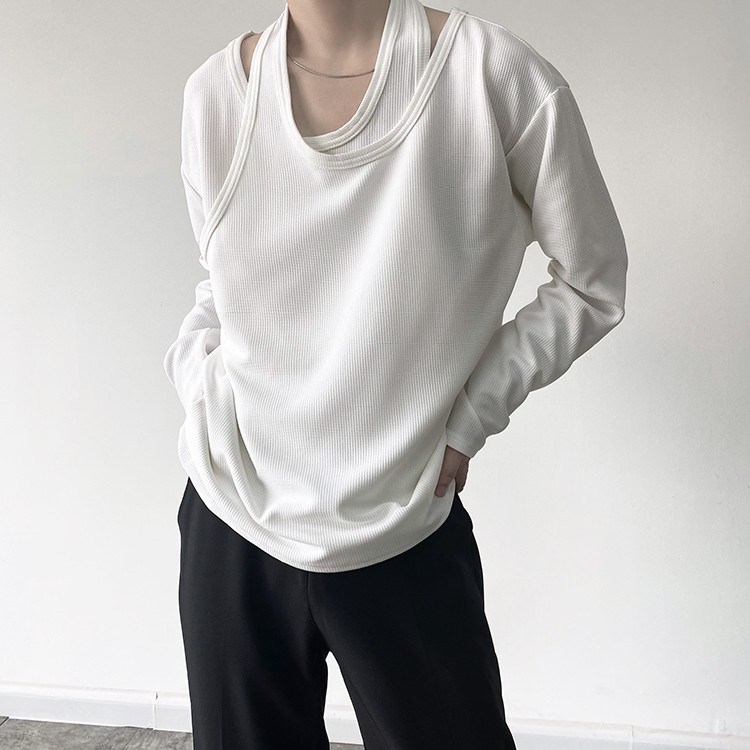 白Tシャツ 春夏メンズ重ね着風白色長袖シャツゆったりデザイン