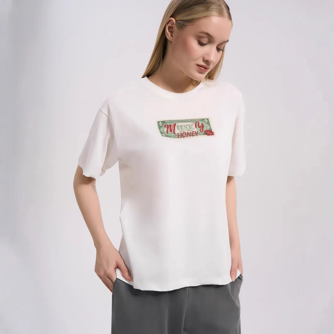 白Tシャツ お札風ワンポイントプリントゆったり半袖カットソー