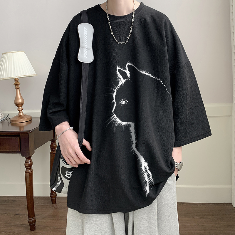 白Tシャツメンズ 猫イラスト刺繍ゆったり五分袖シャツ