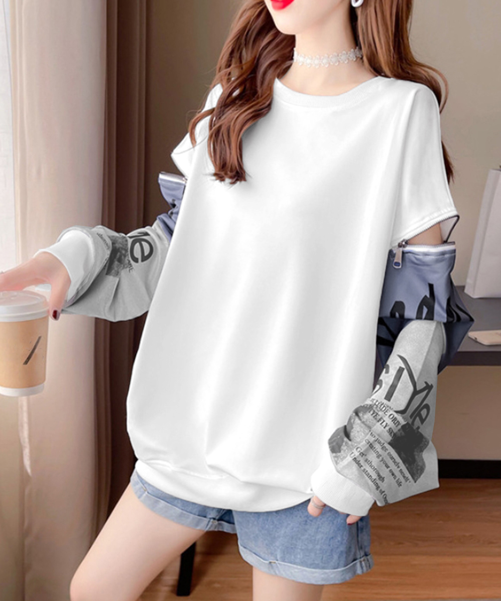 白Tシャツ レディース 袖切り替え 長袖 白 オーバーサイズ トレーナー