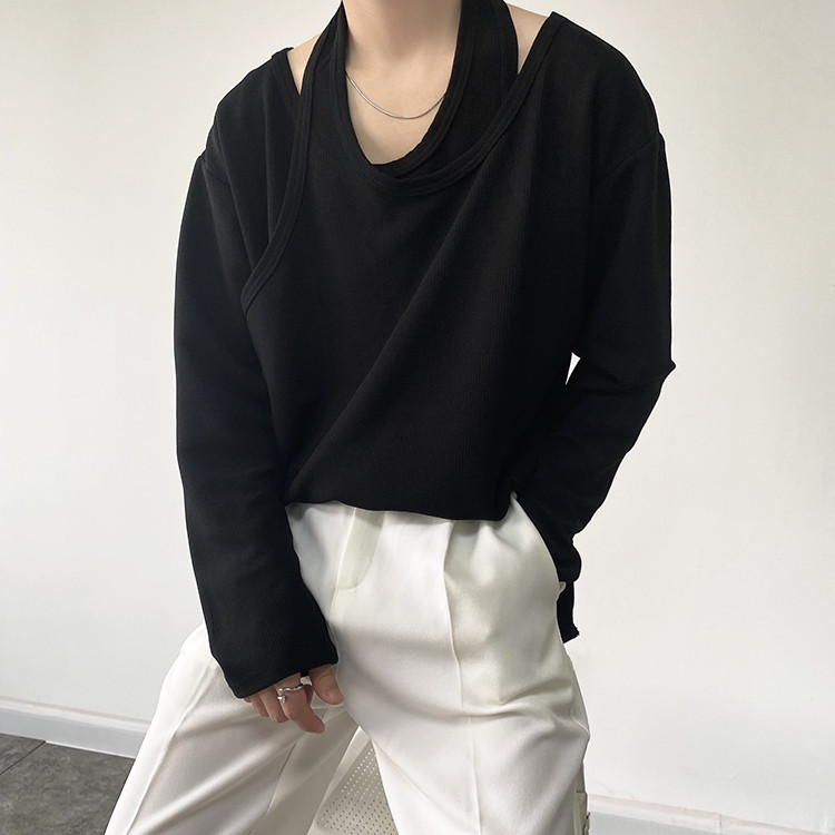 白Tシャツ 春夏メンズ重ね着風白色長袖シャツゆったりデザイン