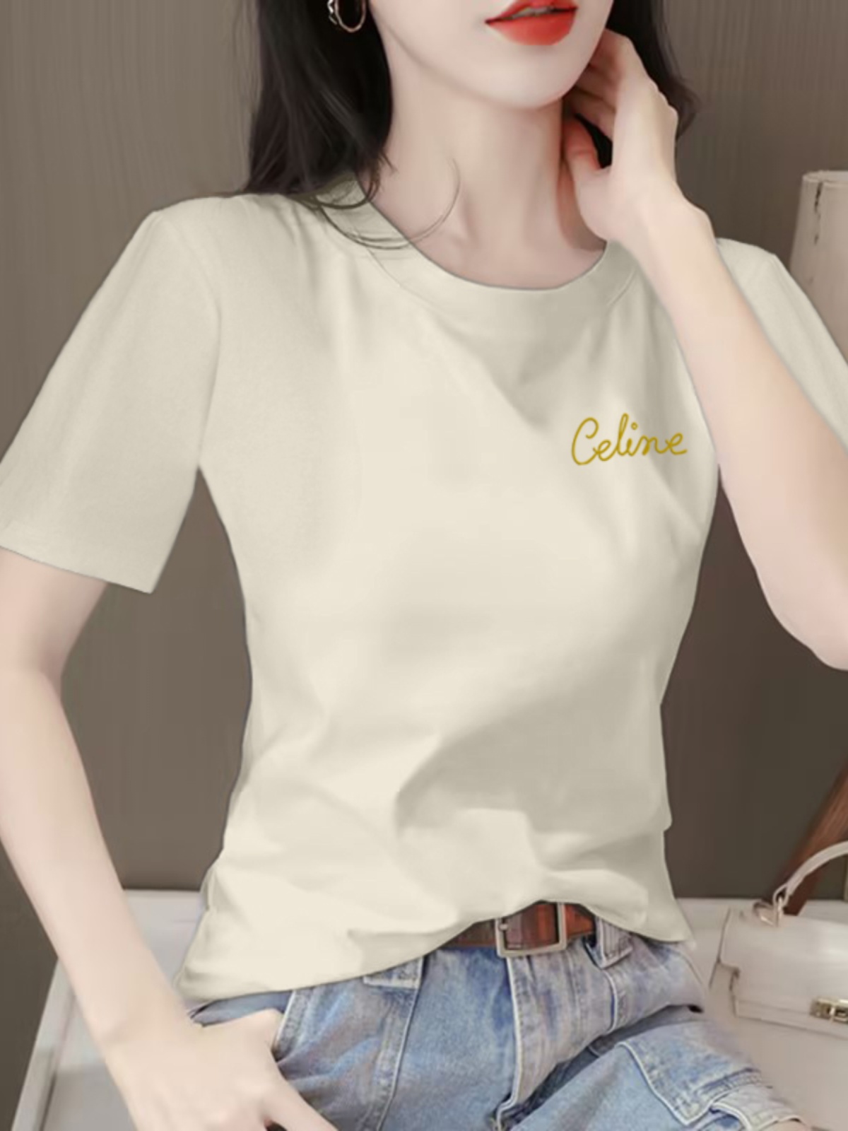 白Tシャツ レディース 優雅な刺繍入り半袖カットソー