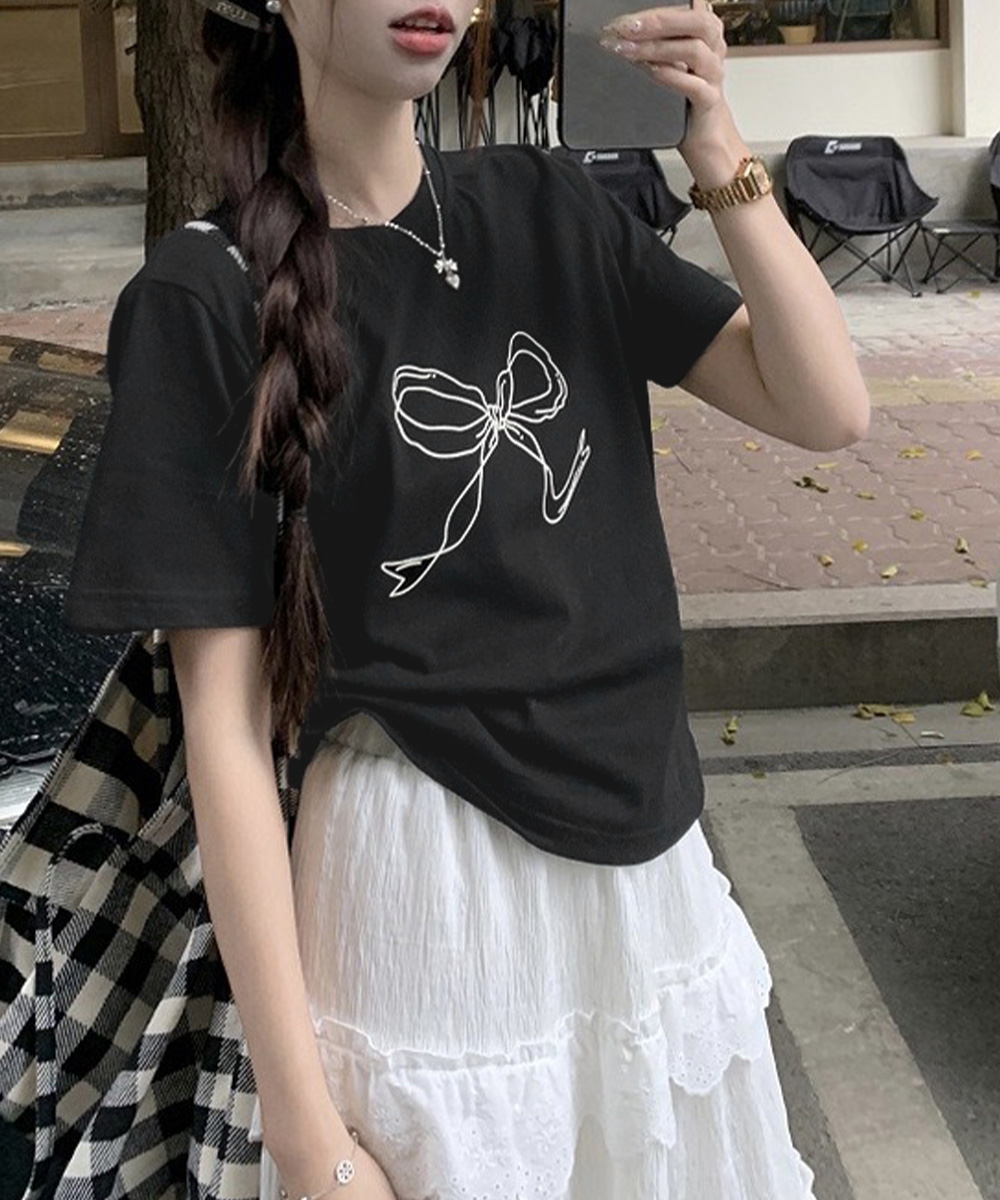 白Tシャツ リボンプリント半袖Tシャツ レディース 白T