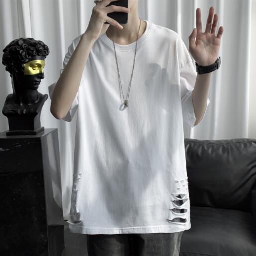 白Tシャツ メンズ白半袖ダメージ加工クルーネック半袖