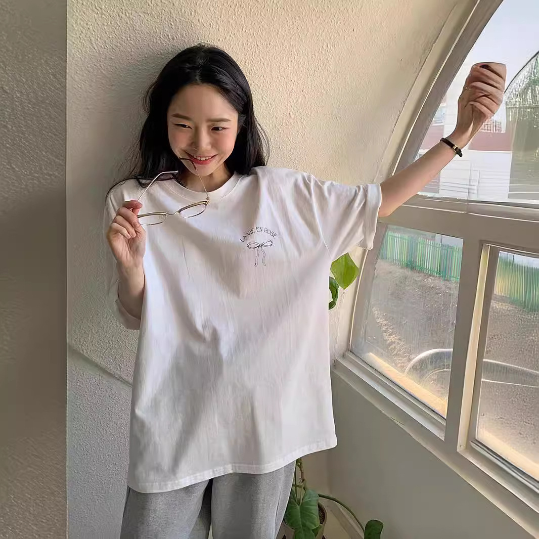 白Tシャツ レディース半袖白シャツリボン柄個性派カットソー