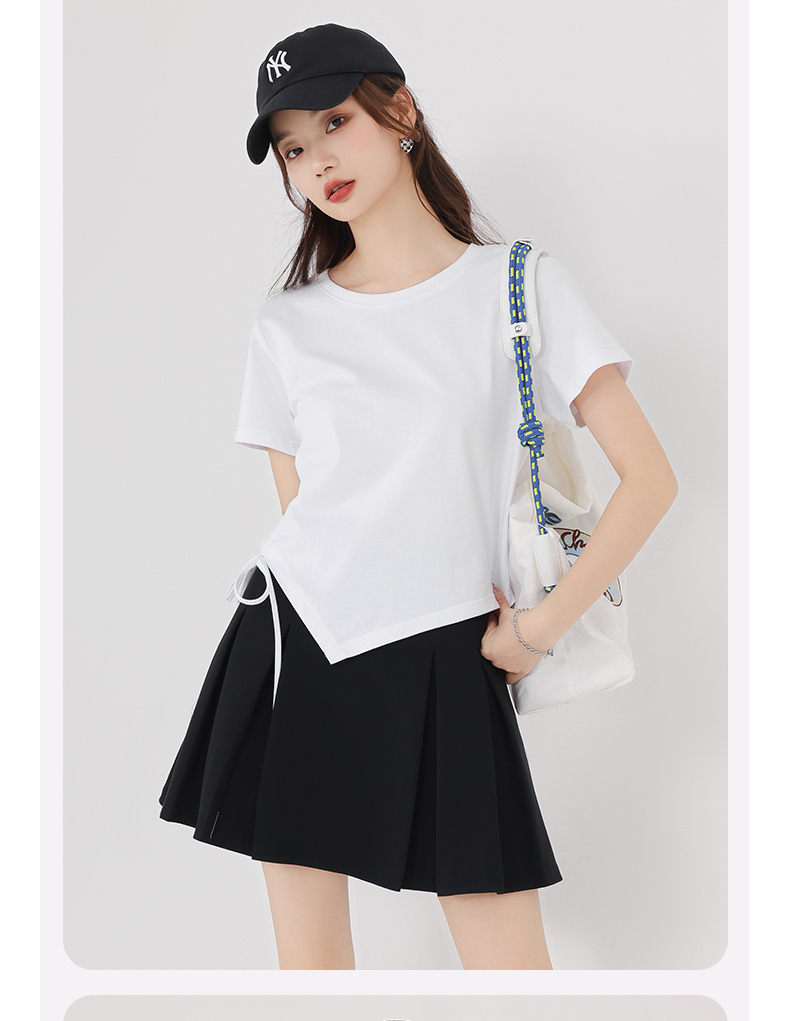 白Tシャツ サイドリボン 非対称裾デザイン Tシャツ