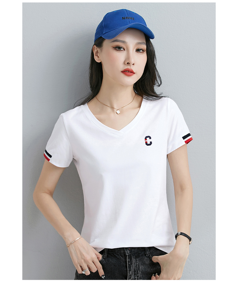 白Tシャツ トリコロール刺繍入り細身Vネック