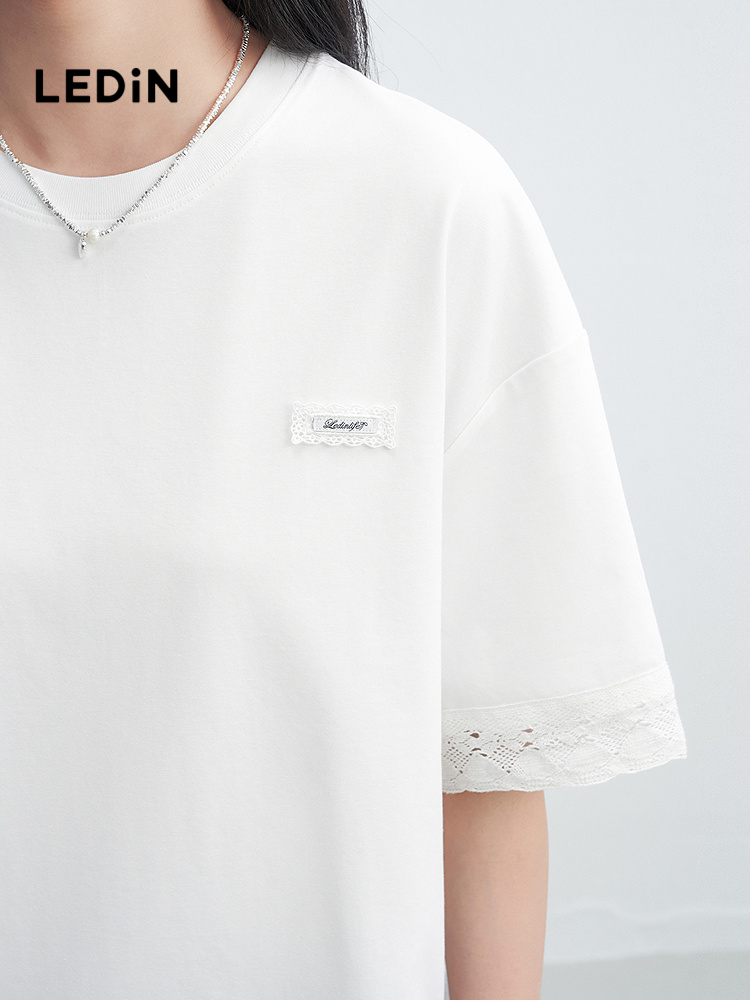 白Tシャツ レース飾り付きゆったり半袖カットソー