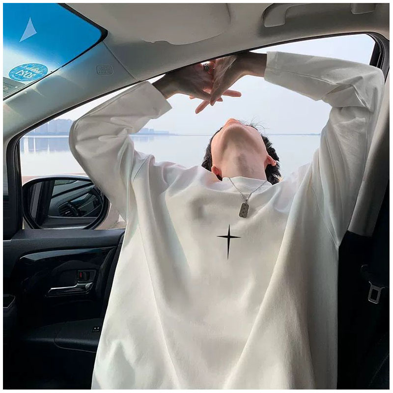 メンズ十字架プリント長袖白Tシャツゆったりシルエット