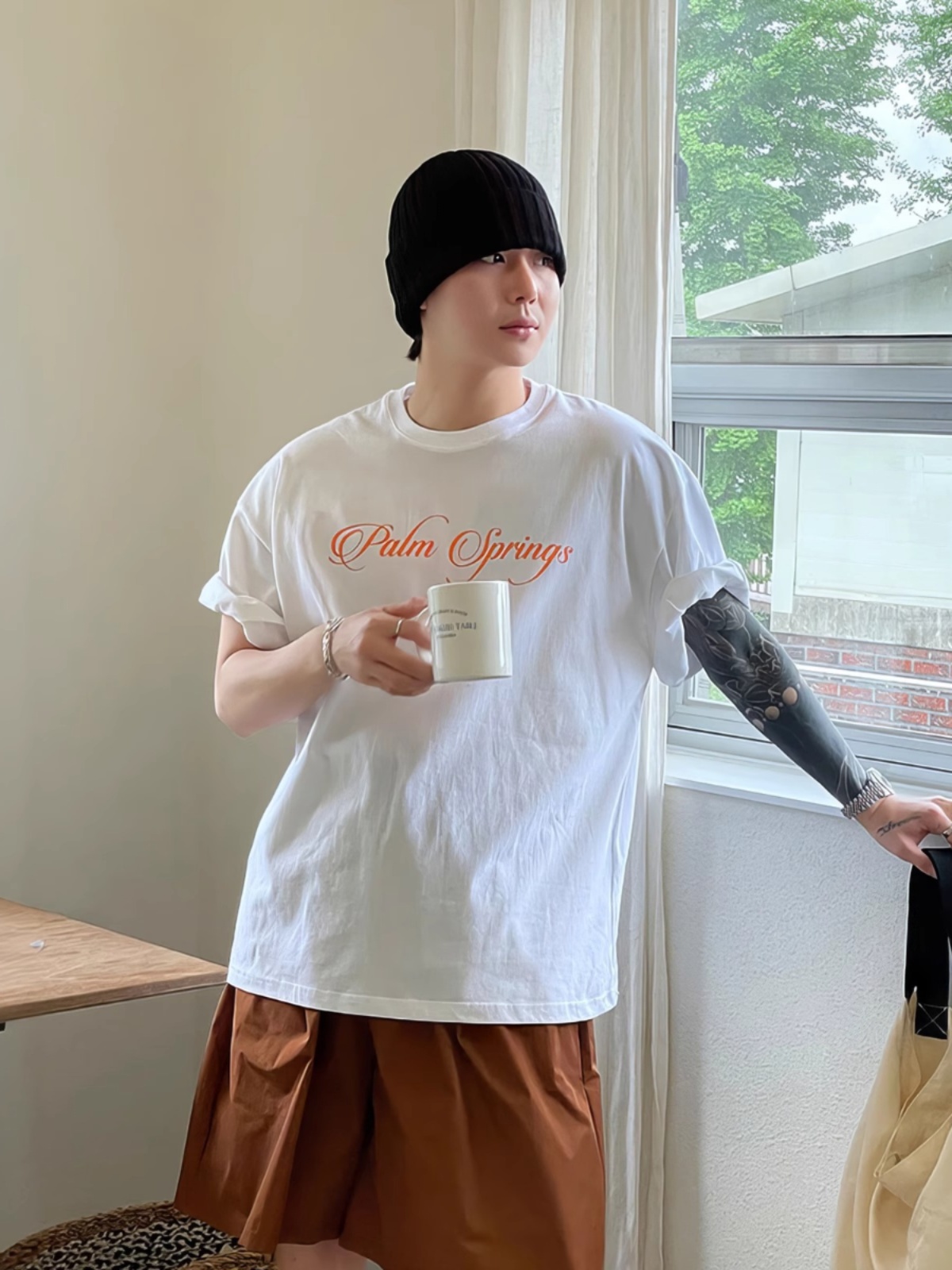 白Tシャツ メンズ 南国リゾート風プリント半袖シャツ