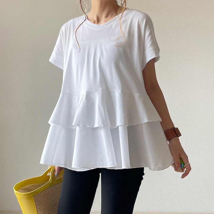 白Tシャツ 白色ティアードフリル半袖Tシャツ
