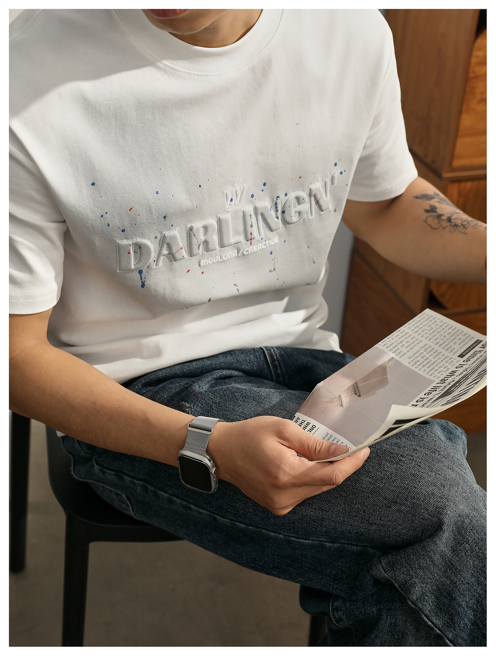 白Tシャツ メンズ 立体刺繍入り 飛沫模様カジュアル半袖