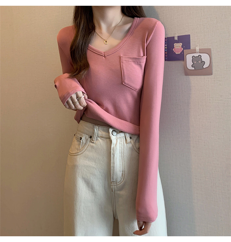 白Tシャツ 裏起毛ブイネック長袖白基調シャツ