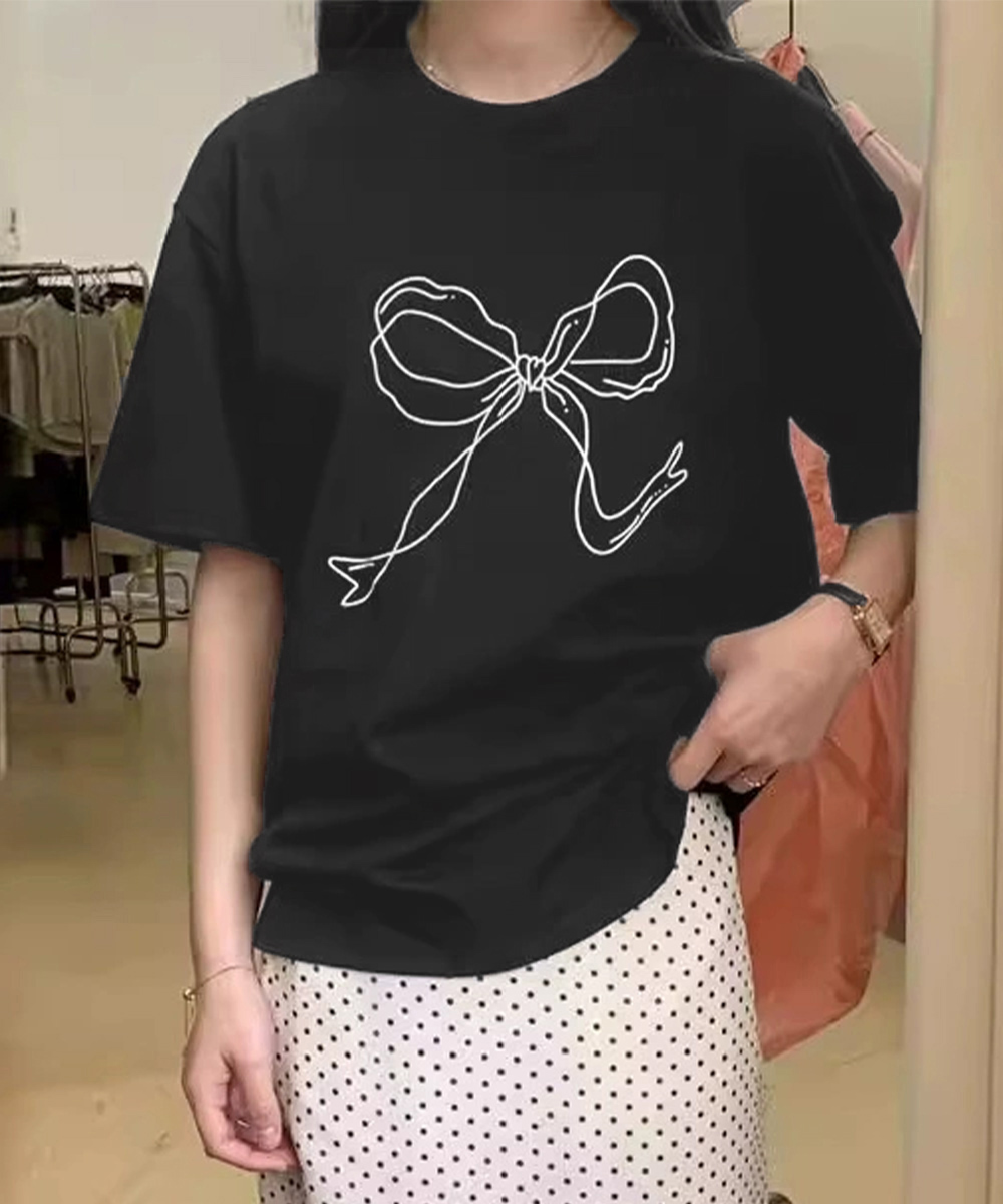 白Tシャツ リボンプリント半袖Tシャツ レディース 白T