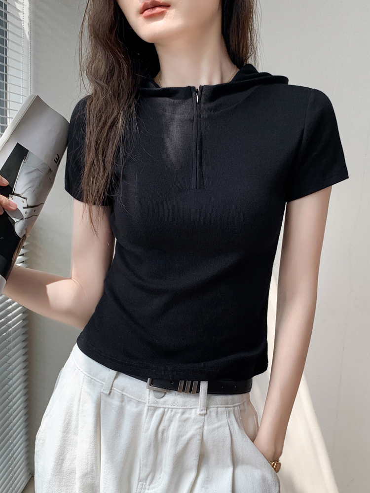 白Tシャツ フード付きリブジップネックトップス
