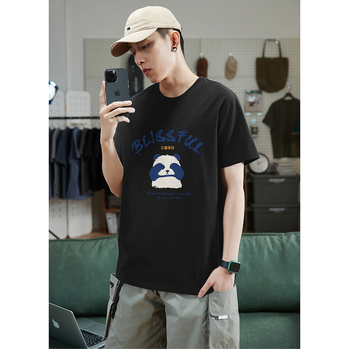 白Tシャツ メンズ 幸せパンダ イラスト半袖シャツ