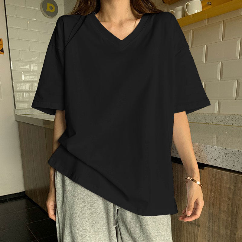 白Tシャツ ゆったりブイネックベーシック半袖トップス