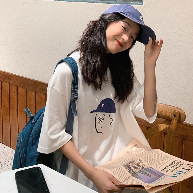 白Tシャツ レディース イラスト風帽子キャラクター七分袖