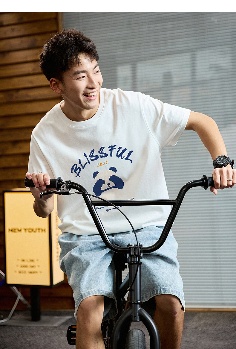 白Tシャツ メンズ 幸せパンダ イラスト半袖シャツ