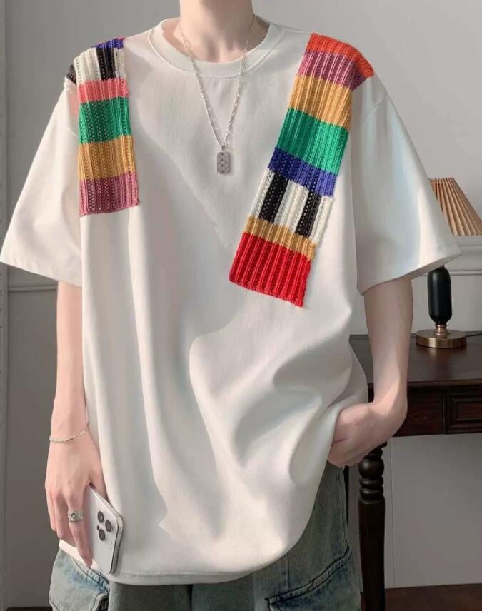 半袖白Tシャツ レインボー切り替えデザイン メンズ
