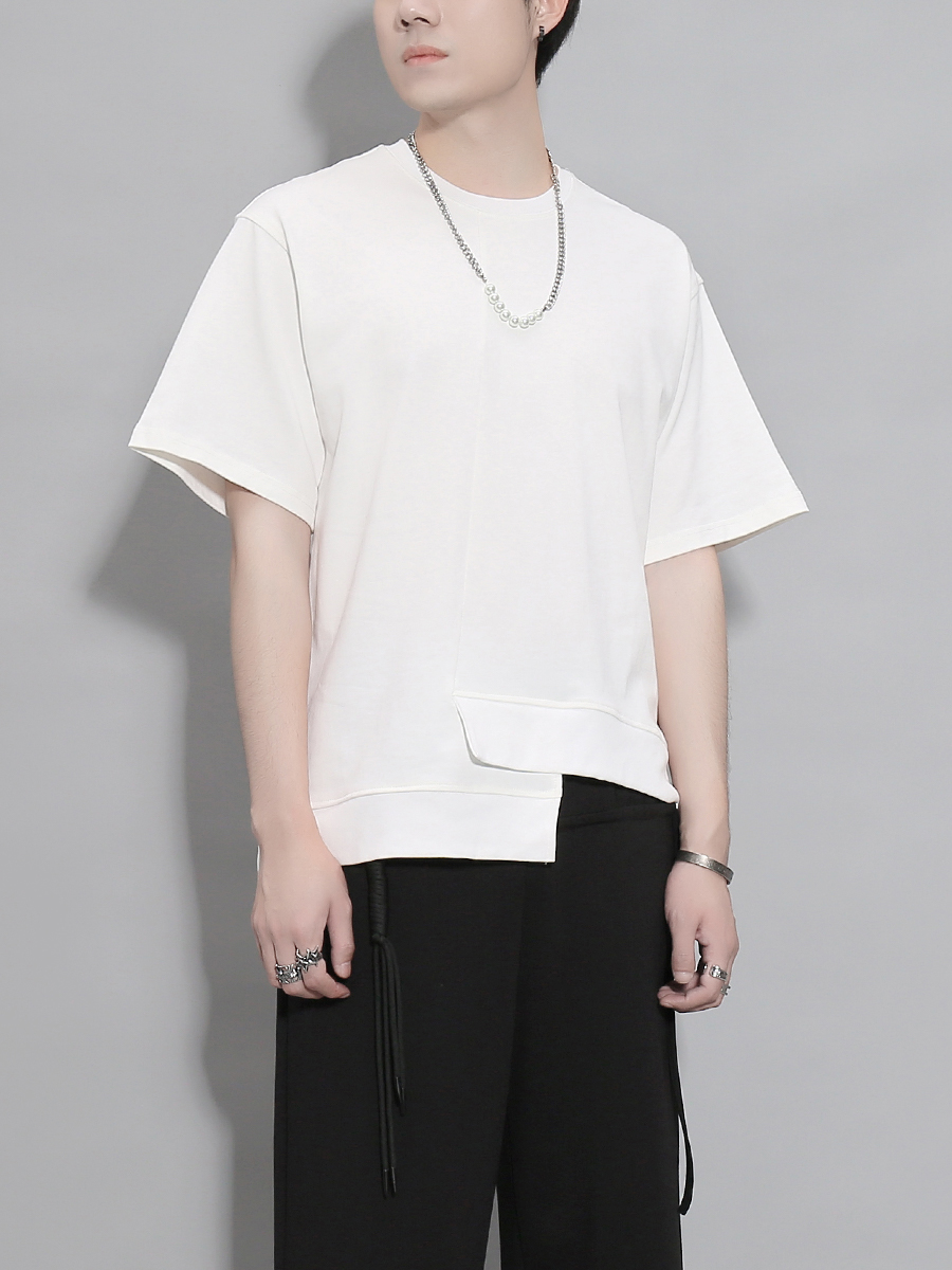 白Tシャツ メンズ 非対称裾デザイン半袖シャツ